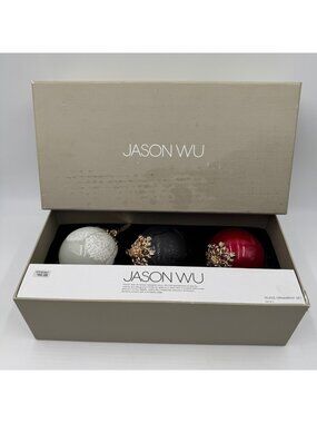Jason Wu Glass Ornament Set Of 3 Deep Red White Black Gold Accents
